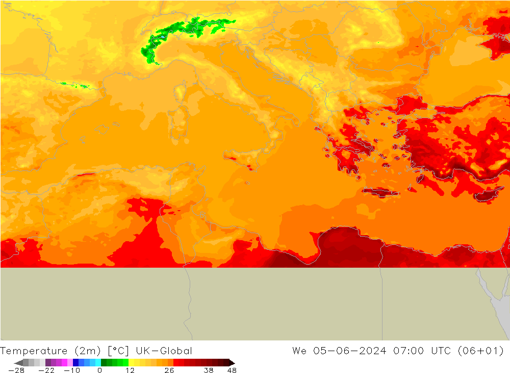 Sıcaklık Haritası (2m) UK-Global Çar 05.06.2024 07 UTC