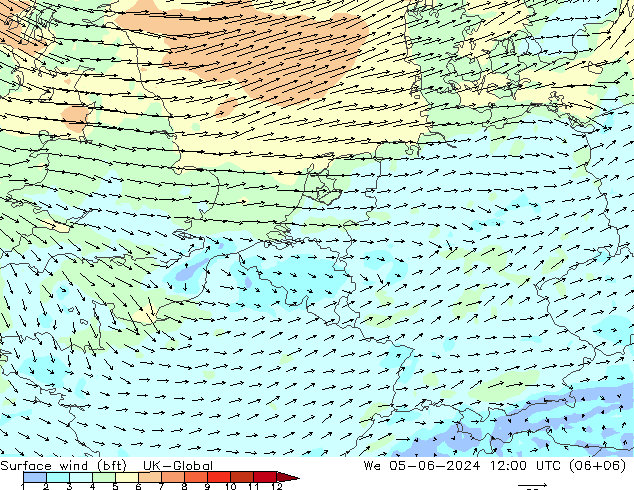 Vento 10 m (bft) UK-Global Qua 05.06.2024 12 UTC