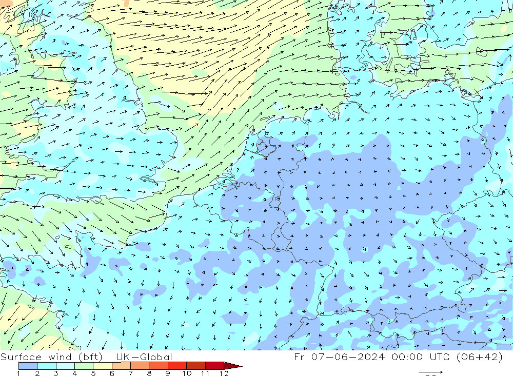 Bodenwind (bft) UK-Global Fr 07.06.2024 00 UTC