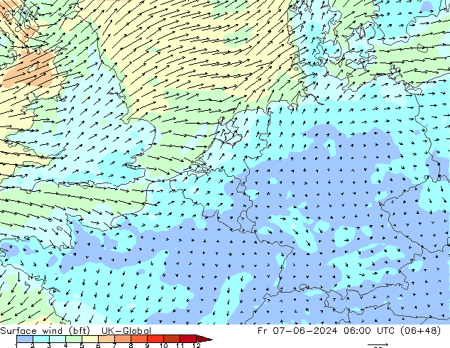 Vent 10 m (bft) UK-Global ven 07.06.2024 06 UTC