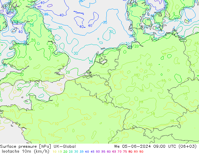 Isotachen (km/h) UK-Global Mi 05.06.2024 09 UTC