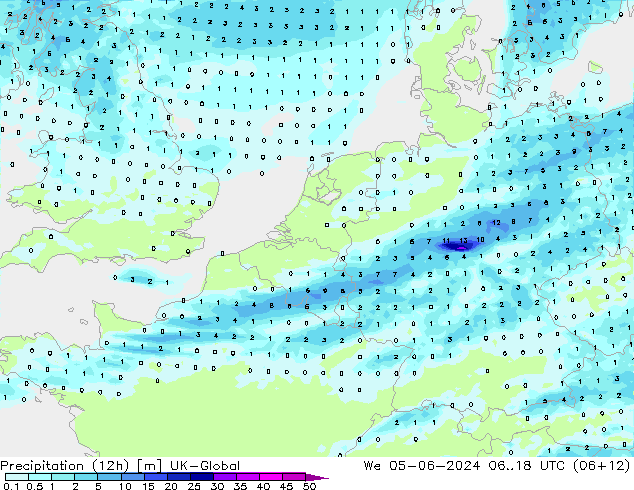 Precipitation (12h) UK-Global We 05.06.2024 18 UTC