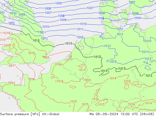 Pressione al suolo UK-Global mer 05.06.2024 12 UTC