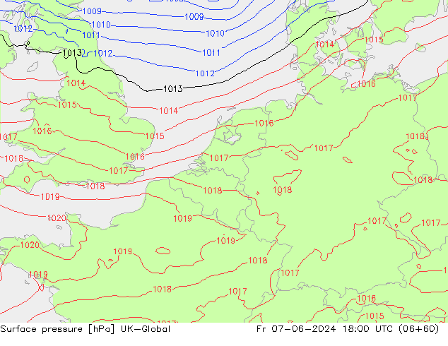 Atmosférický tlak UK-Global Pá 07.06.2024 18 UTC