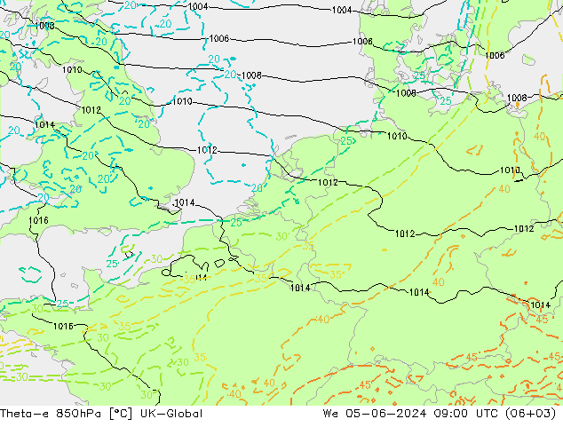 Theta-e 850hPa UK-Global mer 05.06.2024 09 UTC