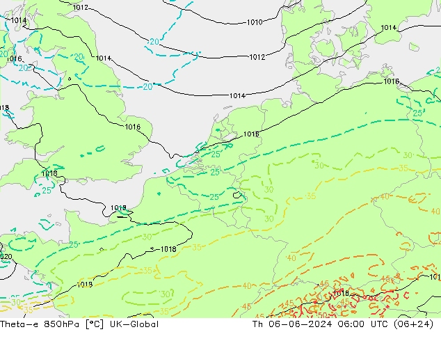 Theta-e 850hPa UK-Global Qui 06.06.2024 06 UTC