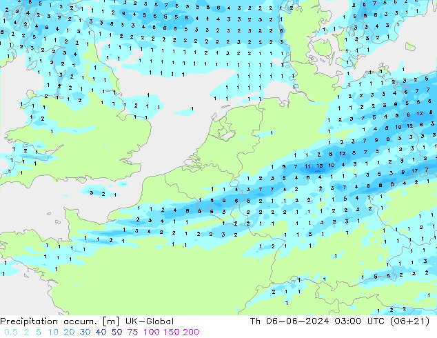 Precipitation accum. UK-Global czw. 06.06.2024 03 UTC