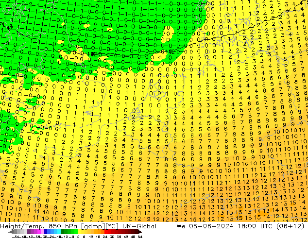 Hoogte/Temp. 850 hPa UK-Global wo 05.06.2024 18 UTC