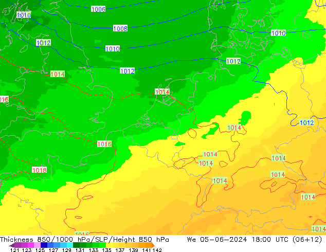 Dikte 850-1000 hPa UK-Global wo 05.06.2024 18 UTC