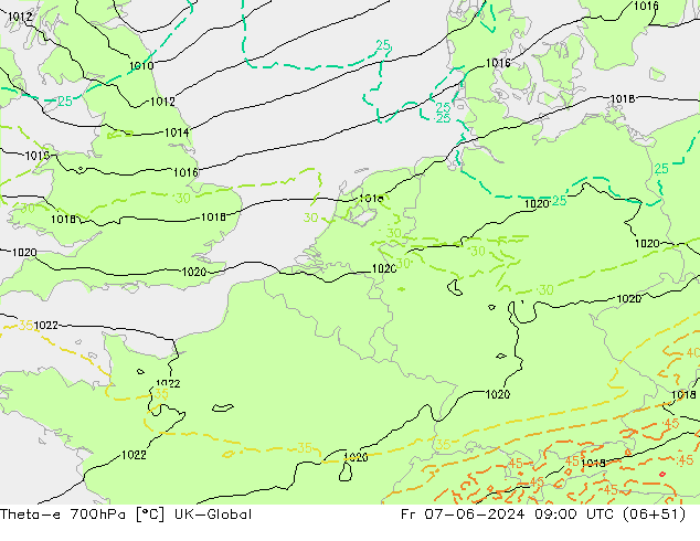 Theta-e 700hPa UK-Global Fr 07.06.2024 09 UTC