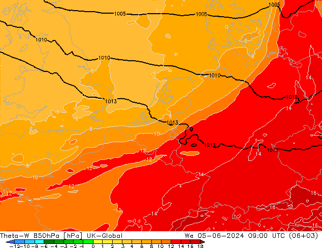 Theta-W 850hPa UK-Global wo 05.06.2024 09 UTC