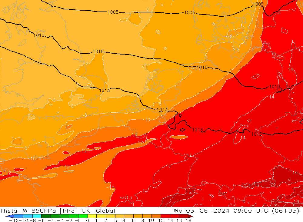Theta-W 850hPa UK-Global wo 05.06.2024 09 UTC