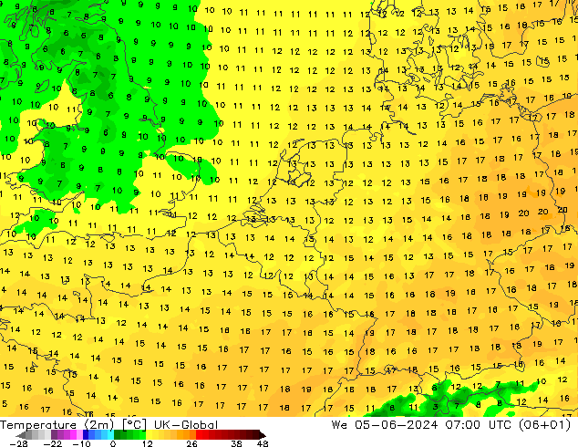 Temperatura (2m) UK-Global Qua 05.06.2024 07 UTC