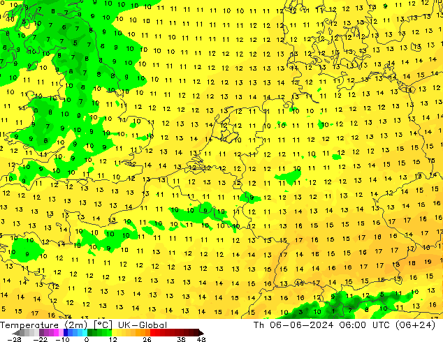 Temperatura (2m) UK-Global jue 06.06.2024 06 UTC