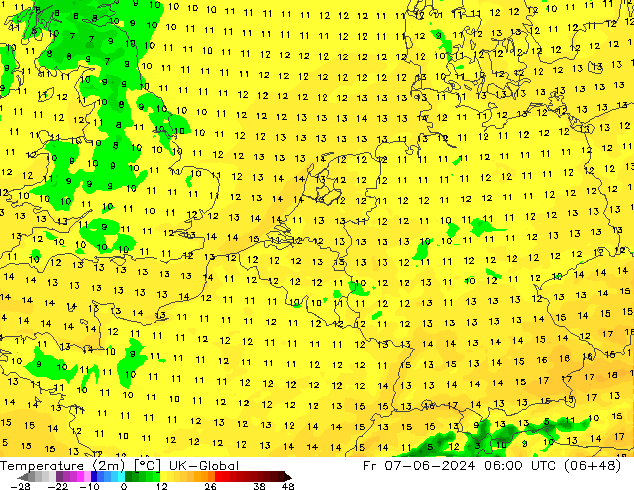 Temperature (2m) UK-Global Pá 07.06.2024 06 UTC