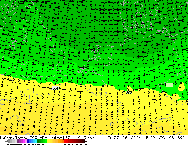 Height/Temp. 700 hPa UK-Global Fr 07.06.2024 18 UTC