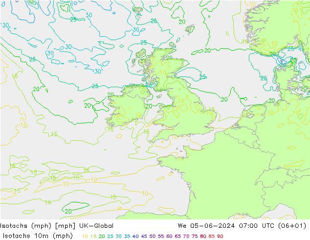 Isotachs (mph) UK-Global mer 05.06.2024 07 UTC