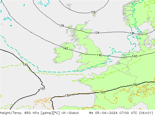 Height/Temp. 850 hPa UK-Global mer 05.06.2024 07 UTC