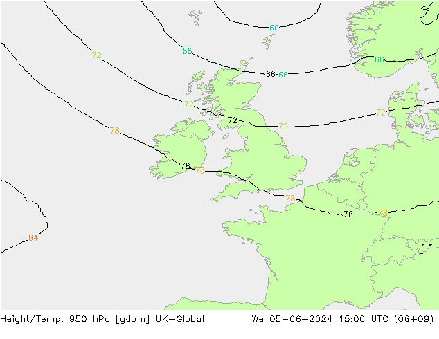 Geop./Temp. 950 hPa UK-Global mié 05.06.2024 15 UTC