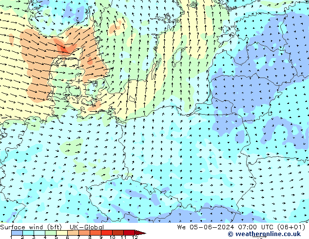 Rüzgar 10 m (bft) UK-Global Çar 05.06.2024 07 UTC