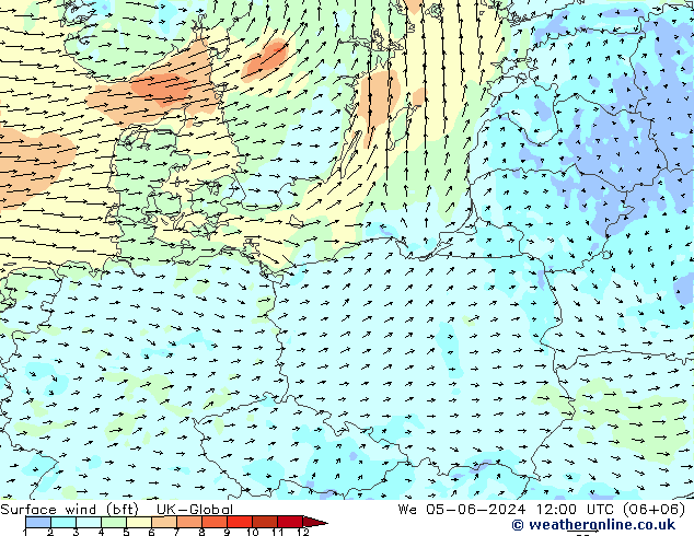 Surface wind (bft) UK-Global We 05.06.2024 12 UTC