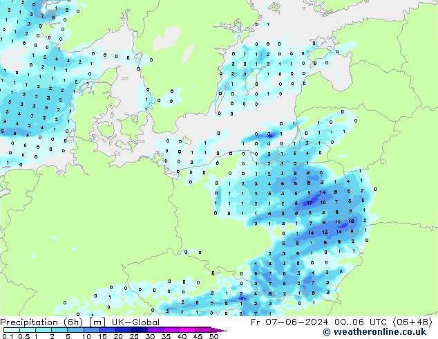 Precipitation (6h) UK-Global Pá 07.06.2024 06 UTC