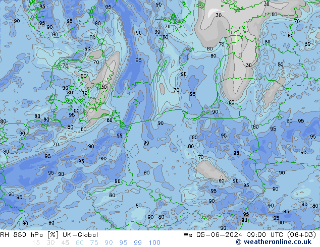 RH 850 hPa UK-Global mer 05.06.2024 09 UTC