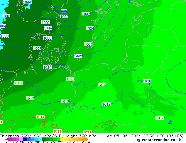 Thck 700-1000 hPa UK-Global We 05.06.2024 12 UTC