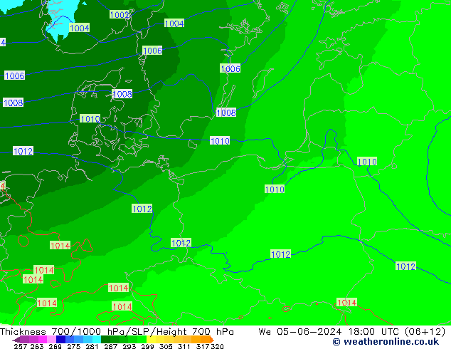 Thck 700-1000 hPa UK-Global mer 05.06.2024 18 UTC