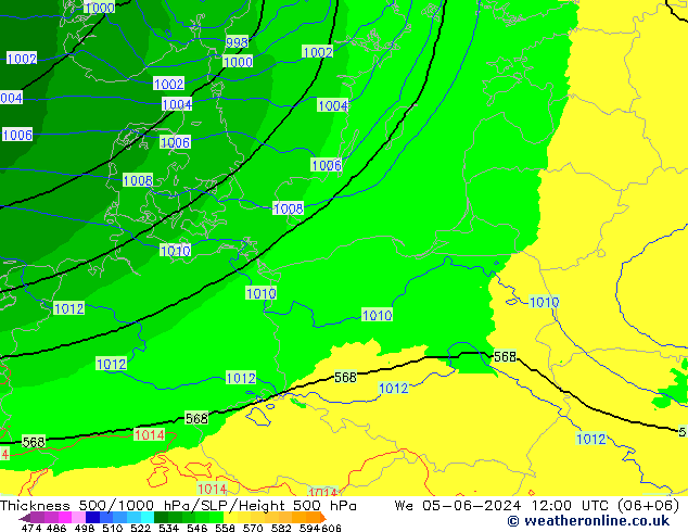 Thck 500-1000hPa UK-Global śro. 05.06.2024 12 UTC