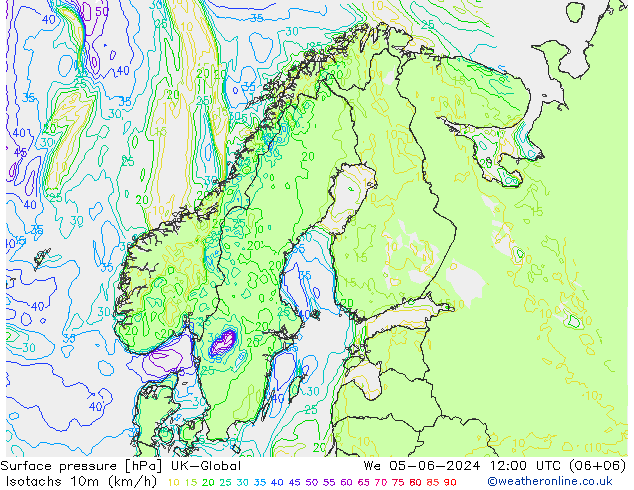 10米等风速线 (kph) UK-Global 星期三 05.06.2024 12 UTC