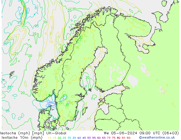 Isotachen (mph) UK-Global Mi 05.06.2024 09 UTC