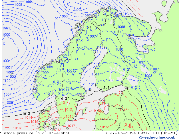 Atmosférický tlak UK-Global Pá 07.06.2024 09 UTC