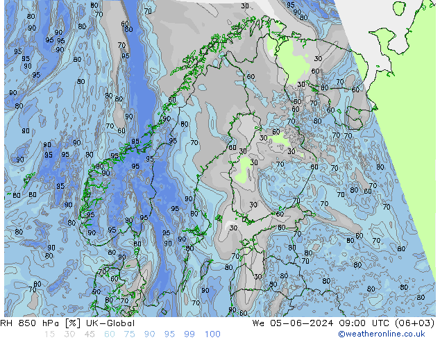 RH 850 hPa UK-Global Qua 05.06.2024 09 UTC