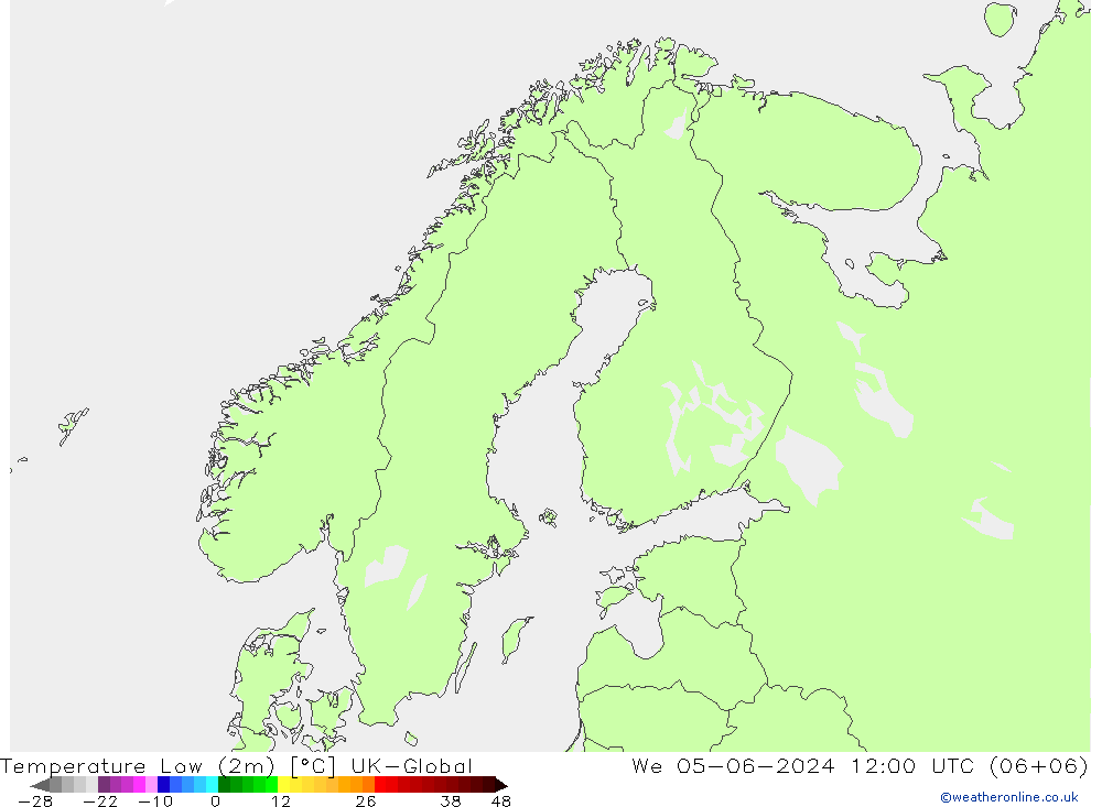 Temperatura mín. (2m) UK-Global mié 05.06.2024 12 UTC