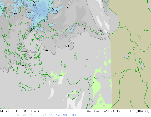 Humidité rel. 850 hPa UK-Global mer 05.06.2024 12 UTC