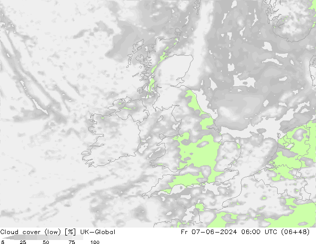 Cloud cover (low) UK-Global Fr 07.06.2024 06 UTC