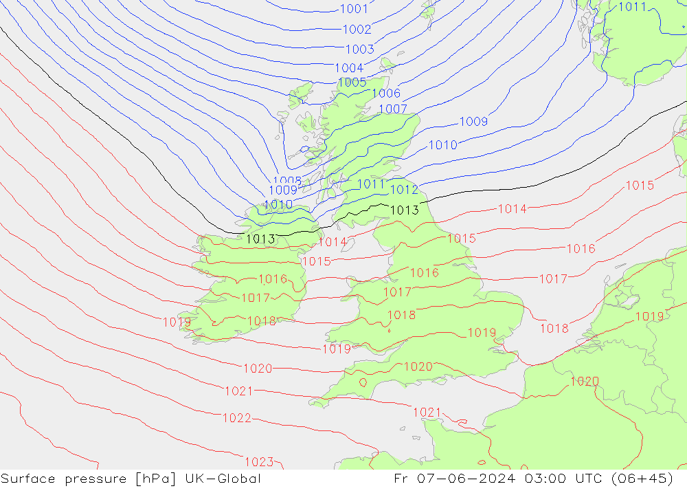 Pressione al suolo UK-Global ven 07.06.2024 03 UTC