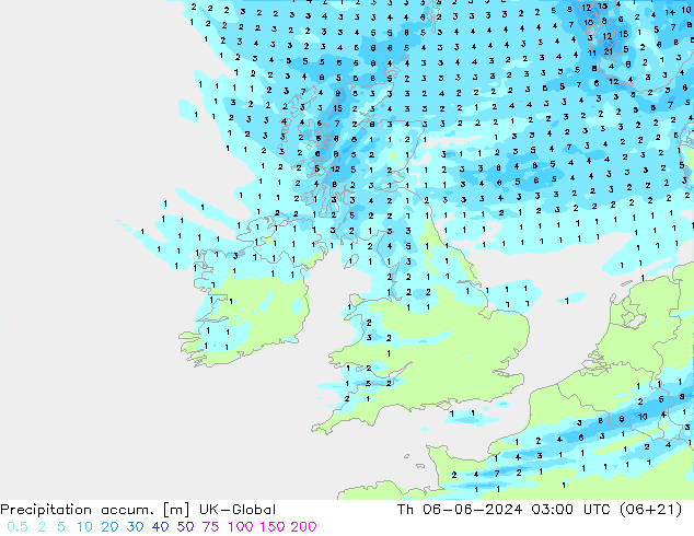 Precipitation accum. UK-Global czw. 06.06.2024 03 UTC