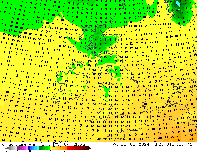 Temperatura máx. (2m) UK-Global mié 05.06.2024 18 UTC