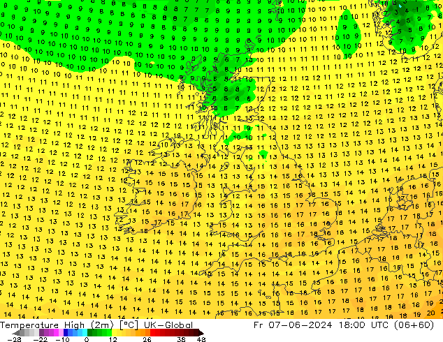 Max.temperatuur (2m) UK-Global vr 07.06.2024 18 UTC