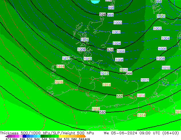 Thck 500-1000hPa UK-Global We 05.06.2024 09 UTC