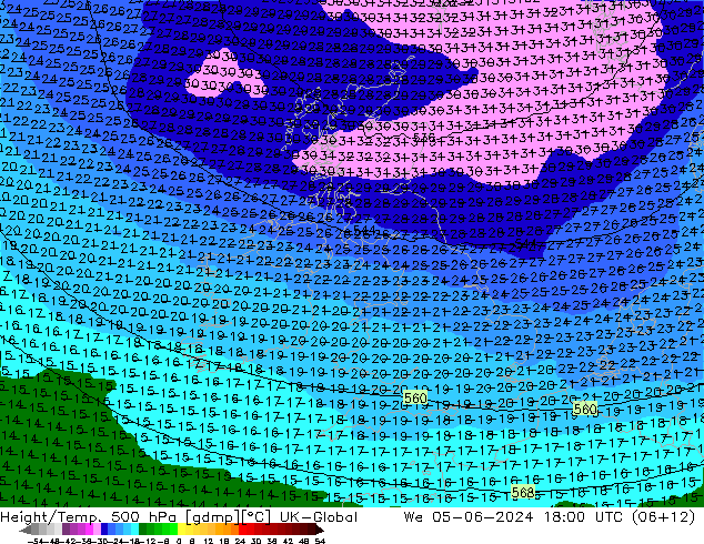 Yükseklik/Sıc. 500 hPa UK-Global Çar 05.06.2024 18 UTC