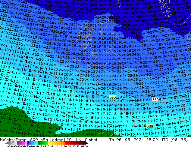 Geop./Temp. 500 hPa UK-Global jue 06.06.2024 18 UTC