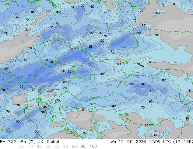 Humidité rel. 700 hPa UK-Global mer 12.06.2024 12 UTC