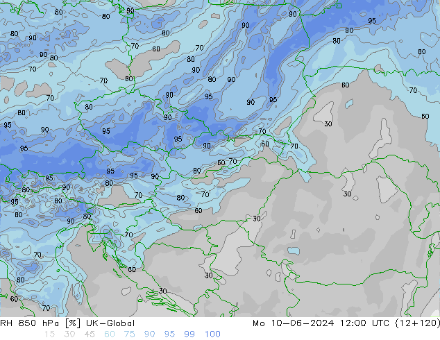 RH 850 hPa UK-Global Mo 10.06.2024 12 UTC