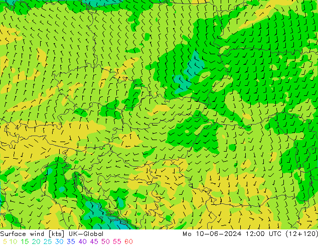 Surface wind UK-Global Mo 10.06.2024 12 UTC