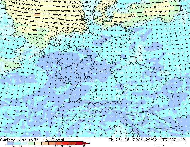 Surface wind (bft) UK-Global Čt 06.06.2024 00 UTC