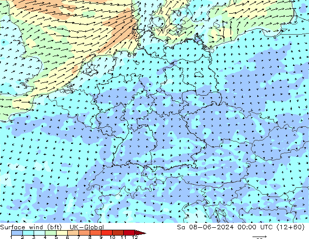 Surface wind (bft) UK-Global Sa 08.06.2024 00 UTC