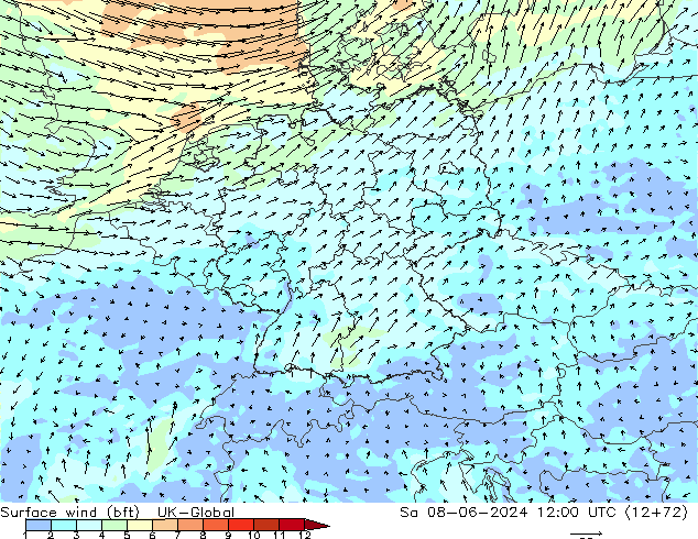 Surface wind (bft) UK-Global Sa 08.06.2024 12 UTC